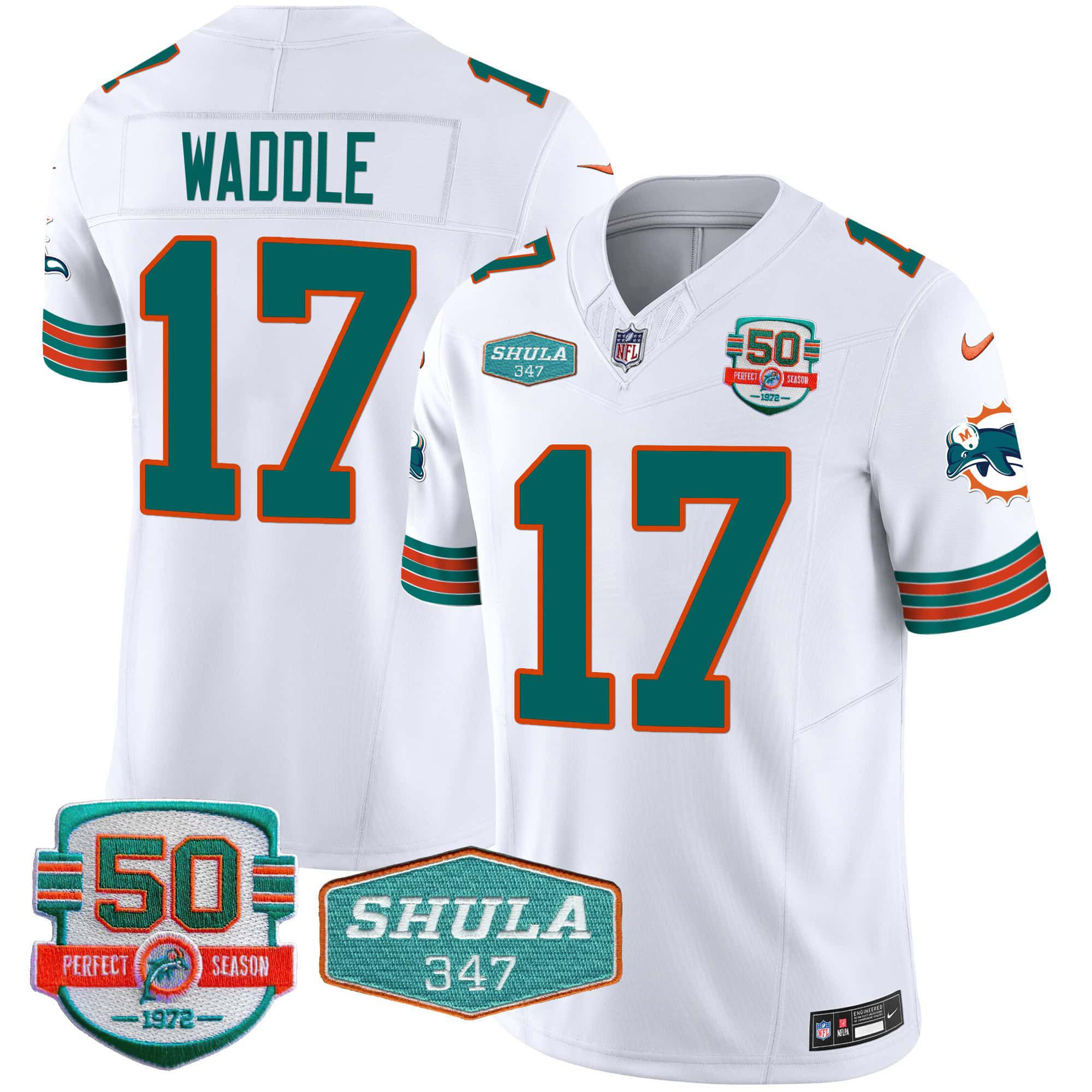 Men Miami Dolphins #17 Waddle White 2024 Nike Throwback Shula 347 Patch Vapor NFL Jersey